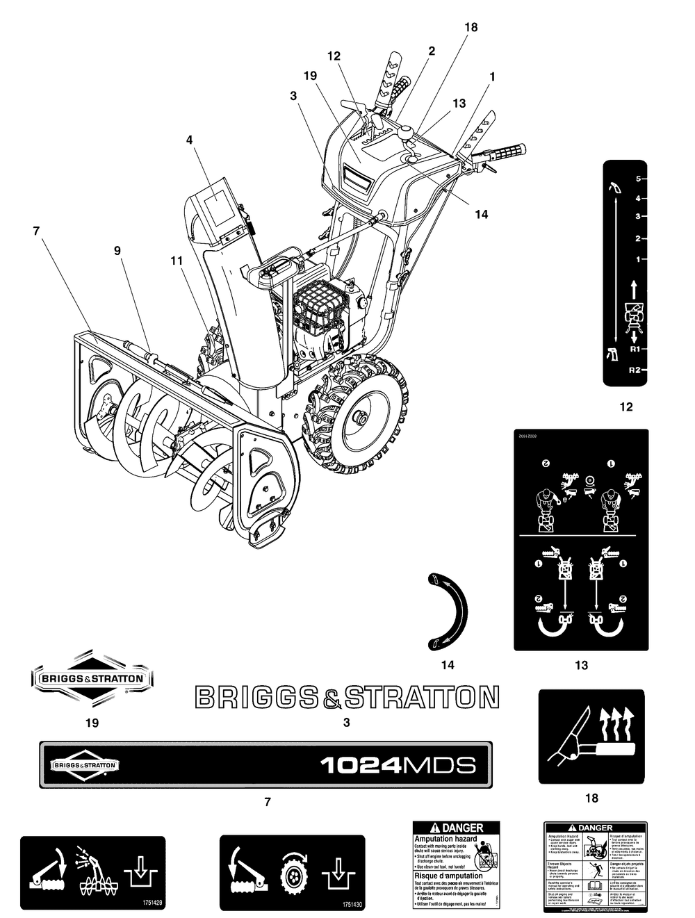 Decals Group Diagram and Parts List for 1696807-00-1024MDS 2018 Briggs and Stratton Snow Blower